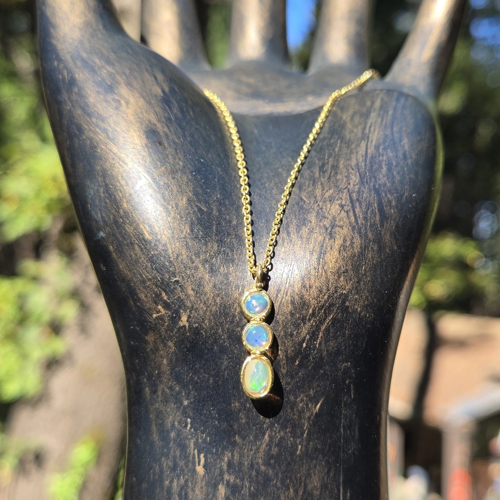 Opal Natural Gemstone Trio Sterling & Gold Necklace Sz24" 5k - Picture 3 of 9